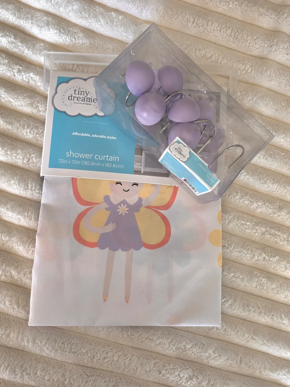 NWT Whimsical And Colorful Fairy Shower Curtain with Lilac Hooks - 72